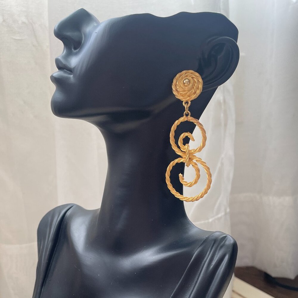 Vintage 80s Gold Tone Rope Swirl Statement Earrings 3” Glam